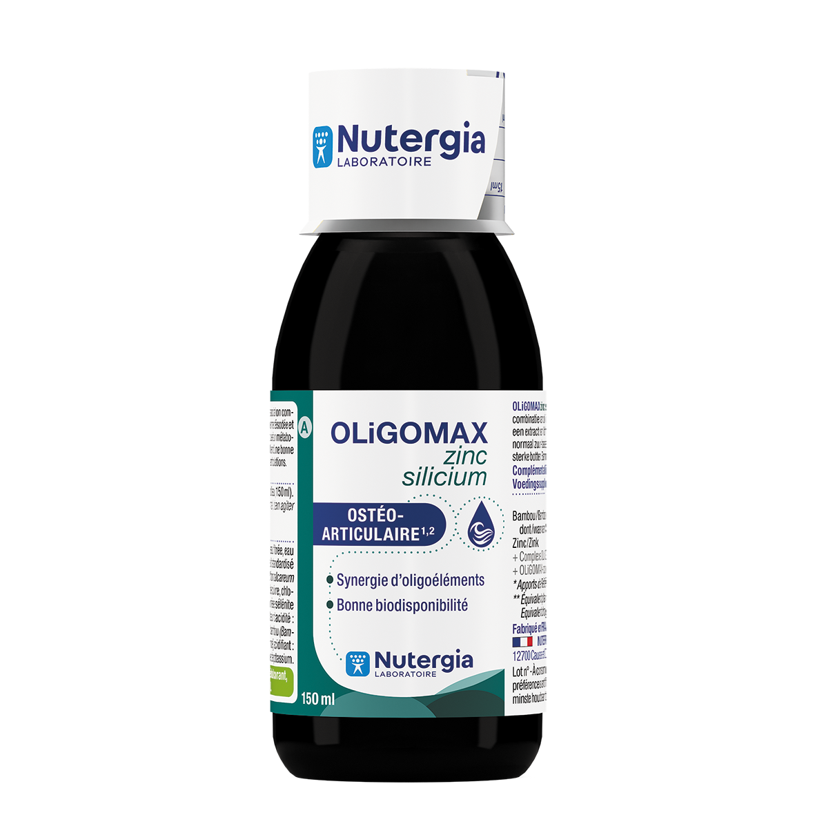 Nutergia Oligomax zinc silicium mineral supplement bottle, 150ml, with a clear label and cap, on a white background.