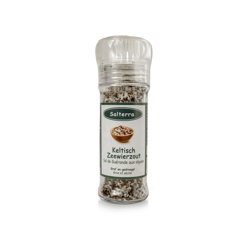 Salterra Keltisch grof zeewierzout in droog strooimolen, 55g, natural Celtic sea salt for cooking and seasoning.