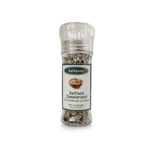 Salterra Keltisch grof zeewierzout in droog strooimolen, 55g, natural Celtic sea salt for cooking and seasoning.