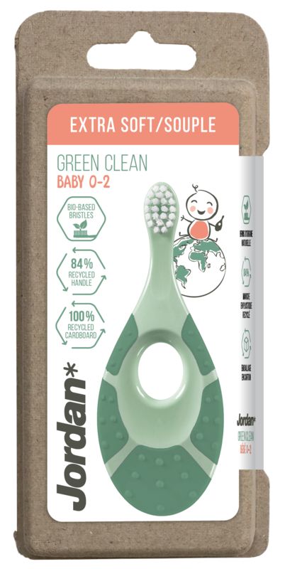 Jordan Green Clean Step 1 baby toothbrush, soft bristles, designed for gentle cleaning of infant's teeth, shown in image.