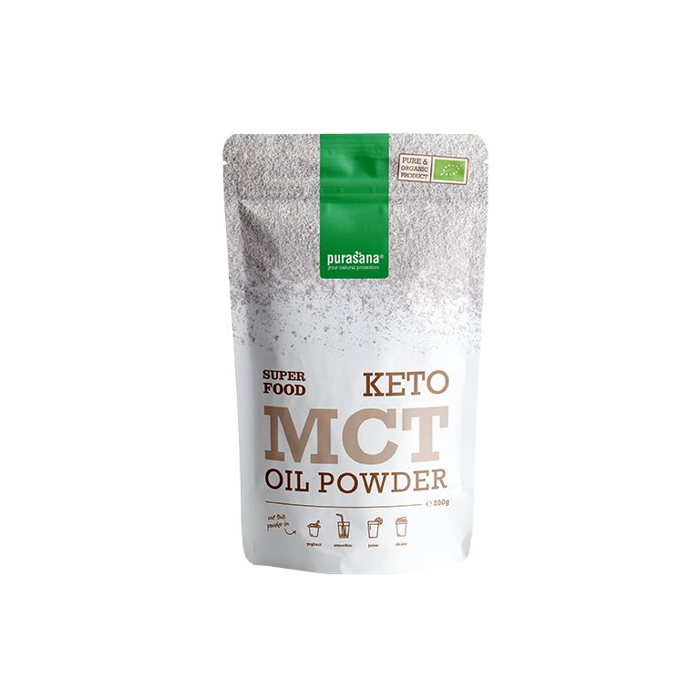 Purasana MCT olie poeder vegan bio in een transparante container, met de poeder zichtbaar en een groene achtergrond.