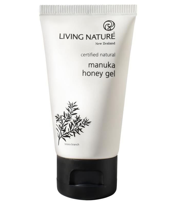 Living Nature Manuka Honey Gel for facial skincare, 50ml, featuring a clear gel with honey extract in a skincare jar