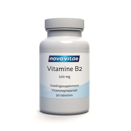Nova Vitae Vitamine B2 riboflavine 100mg tablets, close-up of 90 tablets in blister pack, supplement for energy and metabolism.