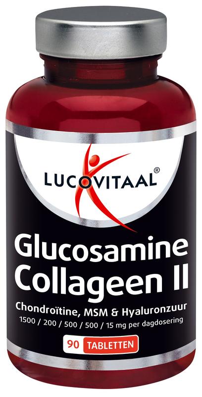 Lucovitaal Glucosamine Collageen Type 2 mineral supplement in a bottle of 90 tablets, showing the product label and tablets.