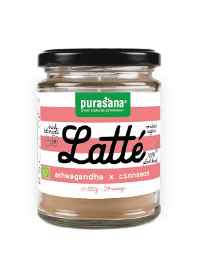 Purasana Latte Ashwagandha kaneel vegan bio drink in 120g package, featuring a creamy latte with ashwagandha and cinnamon flavor.