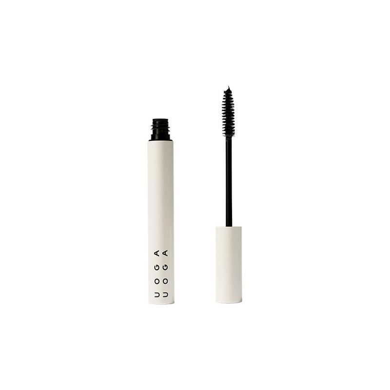 Uoga Uoga volumising mascara, no drama no fun, 8ml, natural make-up product with black mascara on a brush applicator.