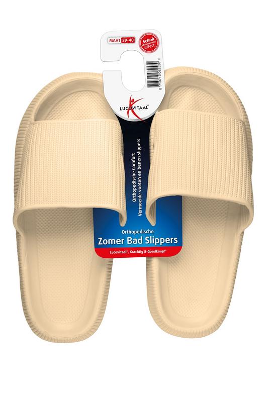 Beige Lucovitaal orthopedic slippers size 39-40, shown with cushioned soles and open-toe design for comfortable footwear.