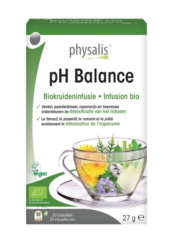 Physalis PH balance infusion bio tea bags, 20 count, featuring natural herbal ingredients and eco-friendly packaging.