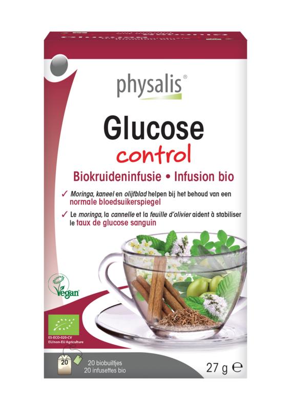 Physalis Glucose Control Infusion bio, 20 tea bags, herbal tea blend promoting blood sugar balance, in a box with tea bags visible.