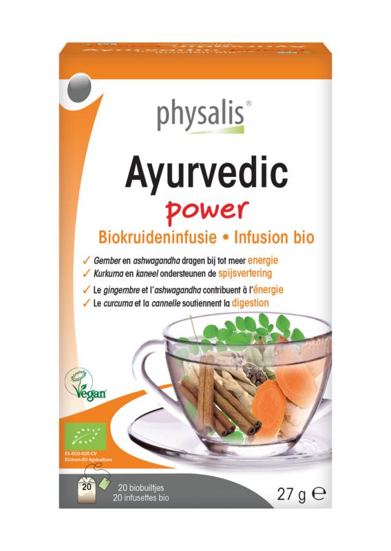 Physalis Ayurvedic power biokruideninfusie tea in a tea bag, showcasing herbal ingredients and packaging.