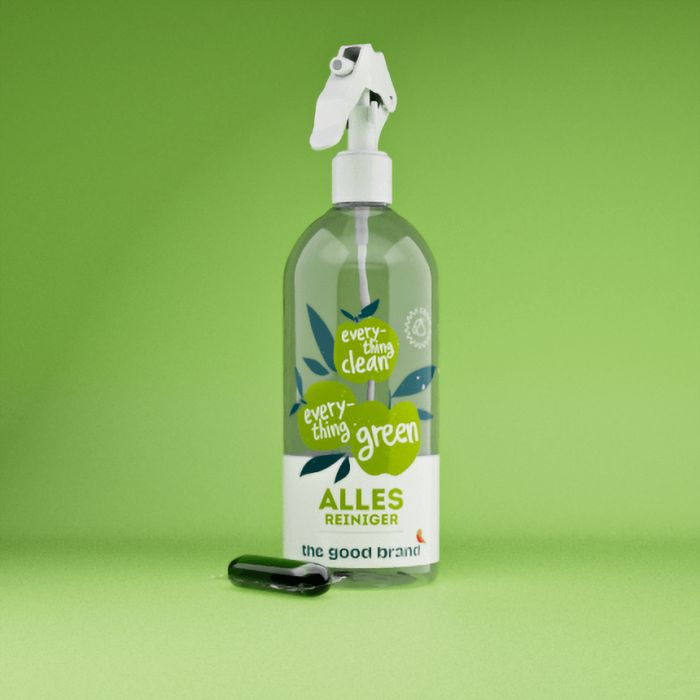 The Good Brand Allesreiniger spray bottle and one cleaning pod, 500 ml, in a modern, eco-friendly cleaning product setup.