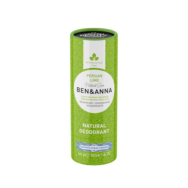 Ben & Anna Persian Lime deodorant in a paper tube, 40g, natural plant-based deodorant with fresh lime scent