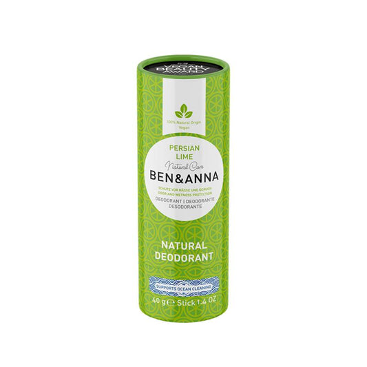 Ben & Anna Persian Lime deodorant in a paper tube, 40g, natural plant-based deodorant with fresh lime scent