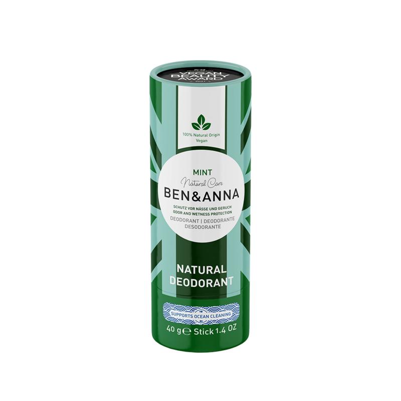 Ben & Anna mint deodorant in a paper tube, 40g, natural deodorant with a fresh mint scent, eco-friendly packaging.