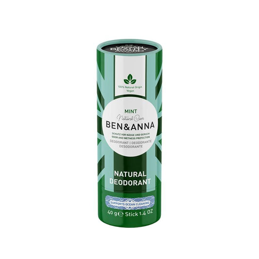 Ben & Anna mint deodorant in a paper tube, 40g, natural deodorant with a fresh mint scent, eco-friendly packaging.