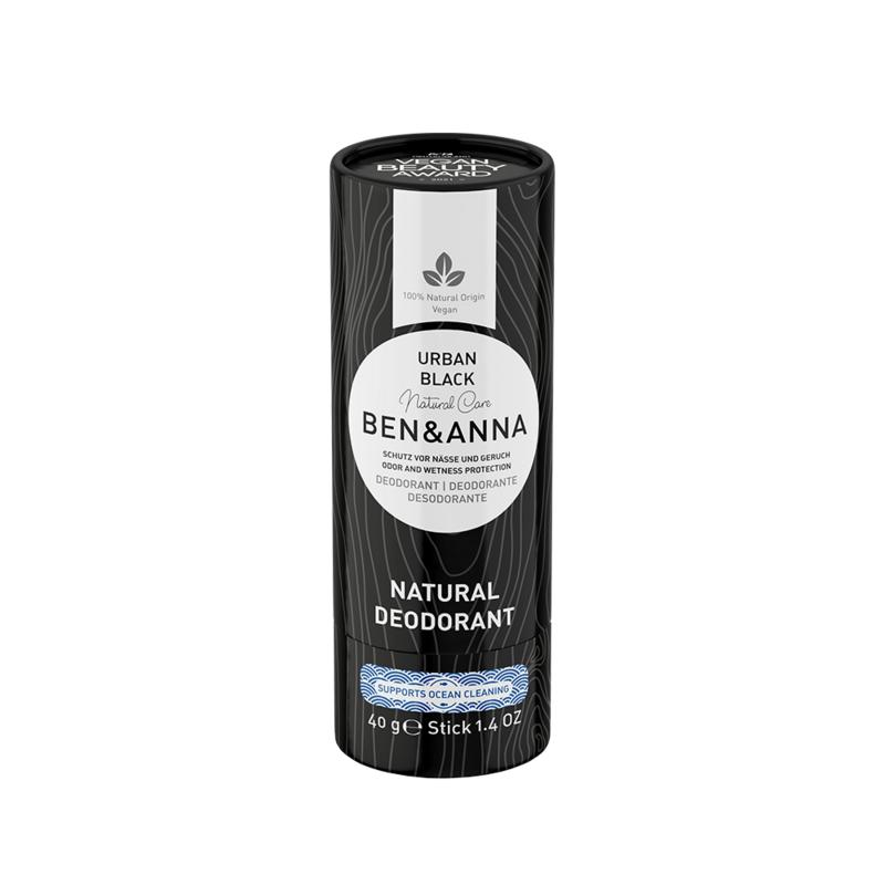 Ben & Anna Urban Black deodorant in a black paper tube, 40g, featuring natural ingredients and eco-friendly packaging.
