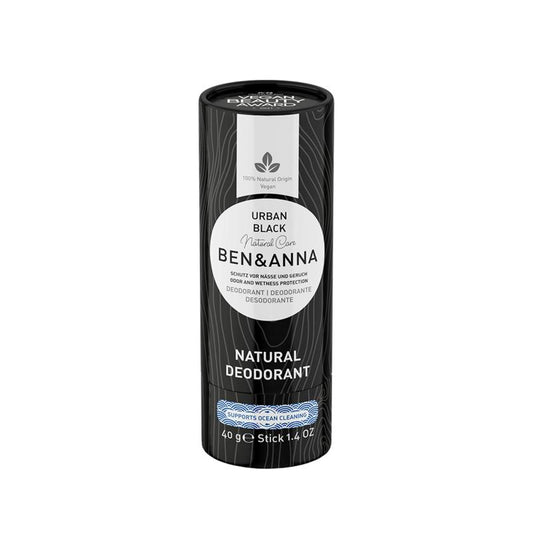 Ben & Anna Urban Black deodorant in a black paper tube, 40g, featuring natural ingredients and eco-friendly packaging.