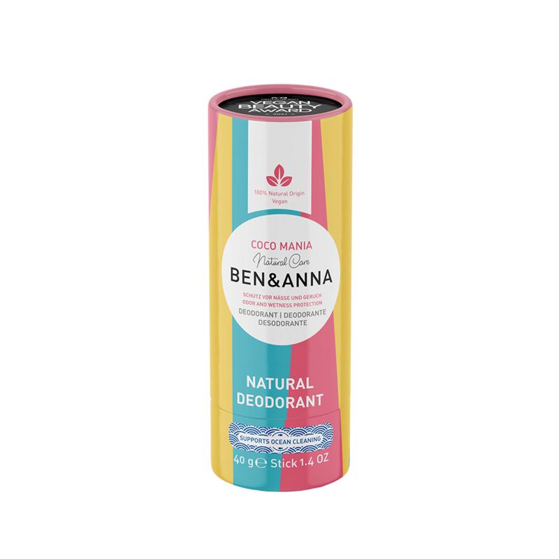 Ben & Anna Coco Mania deodorant in 40g paper tube with tropical coconut scent, eco-friendly natural deodorant for daily use.