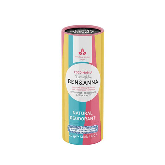 Ben & Anna Coco Mania deodorant in 40g paper tube with tropical coconut scent, eco-friendly natural deodorant for daily use.