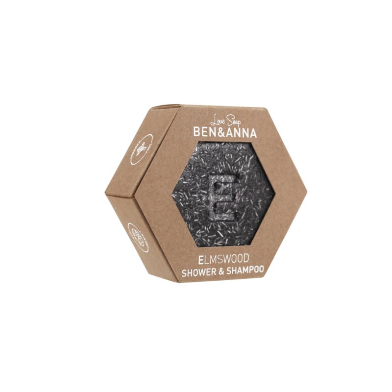 Ben & Anna Love soap shower and shampoo bar in Elmswood scent, 60g, natural vegan bad en douche with packaging.
