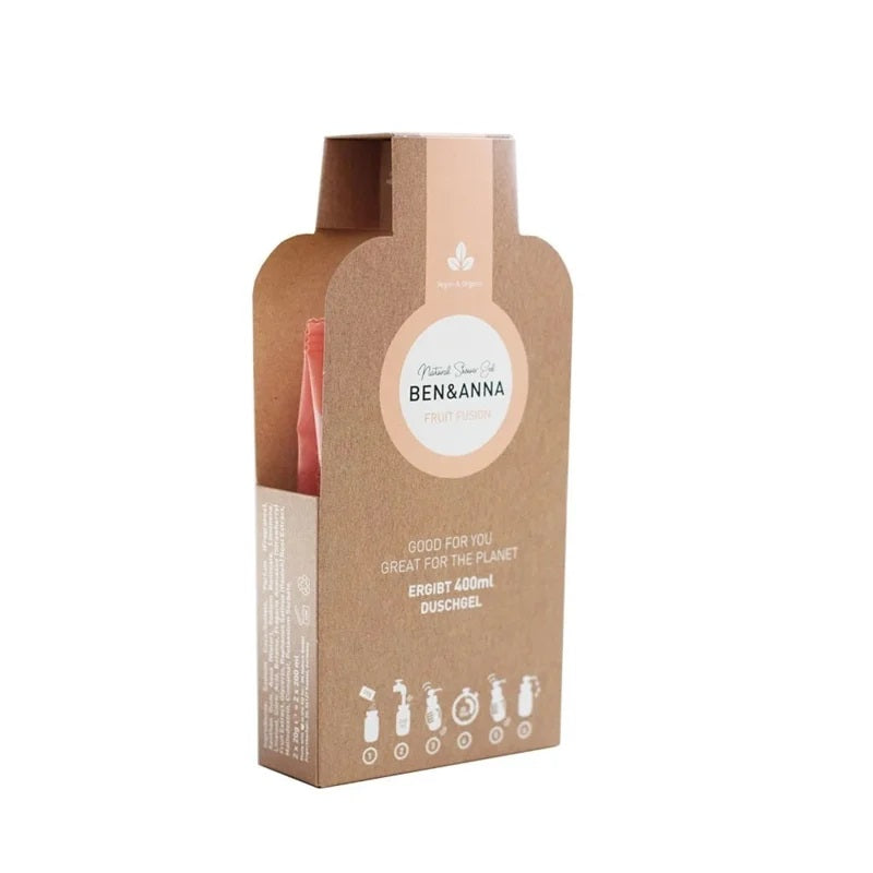 Ben & Anna Showergel Flakes Fruit Fusion, natural exfoliating scrub with fruit ingredients, in a 2-pack for bath and shower use.