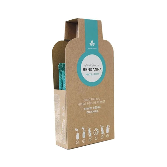 Ben & Anna Mint and Lemon Showergel flakes, 2-piece pack, natural bad en douche product with fresh mint and lemon scent.