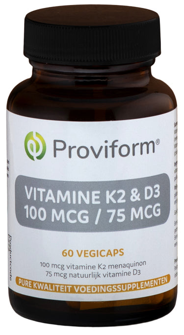 Proviform Vitamin K2 100mcg and D3 75mcg vegetarian capsules, dietary supplement for bone and cardiovascular health