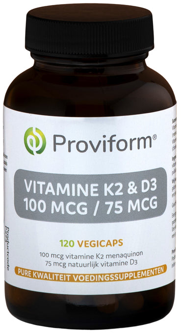 Proviform Vitamin K2 100mcg and D3 75mcg vegetarian capsules, dietary supplement, close-up of the supplement bottles.