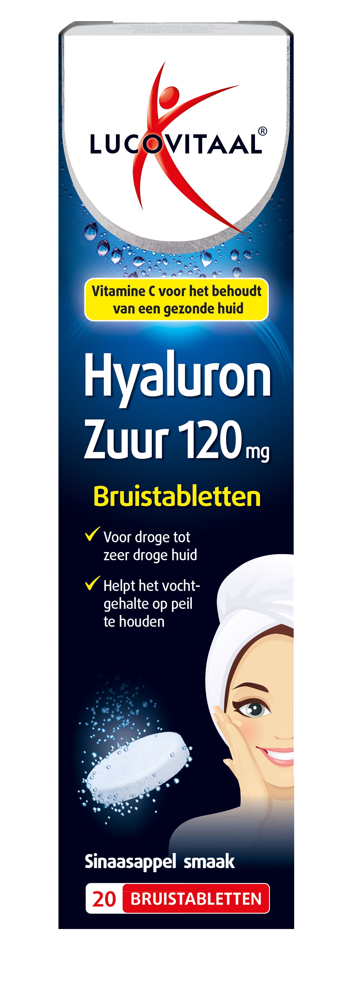 Lucovitaal Hyaluronzuur bruistabletten vitamin supplement in a glass, showing the effervescent tablets and packaging.