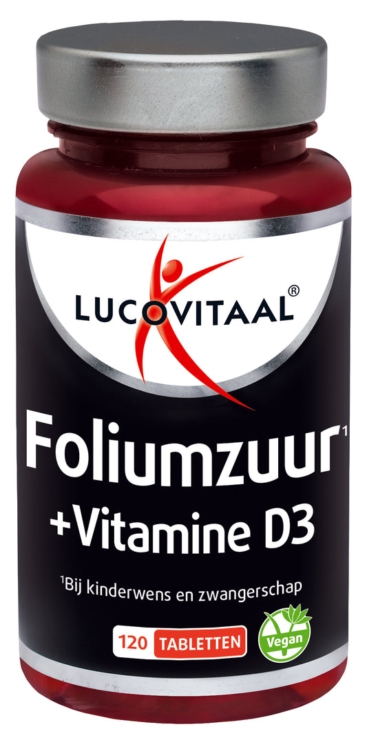 Lucovitaal folic acid and vitamin D3 tablets, a multivitamin supplement, shown in a bottle with 120 capsules.