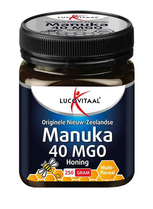 Lucovitaal Manuka honey 40 MGO in a 250g jar, natural New Zealand honey with health benefits, shown in the image.