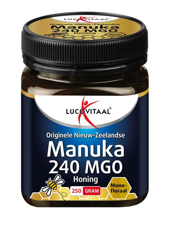 Jar of Lucovitaal Manuka honey with 240 MGO, 250 grams, showing the honey inside and the label on the container.