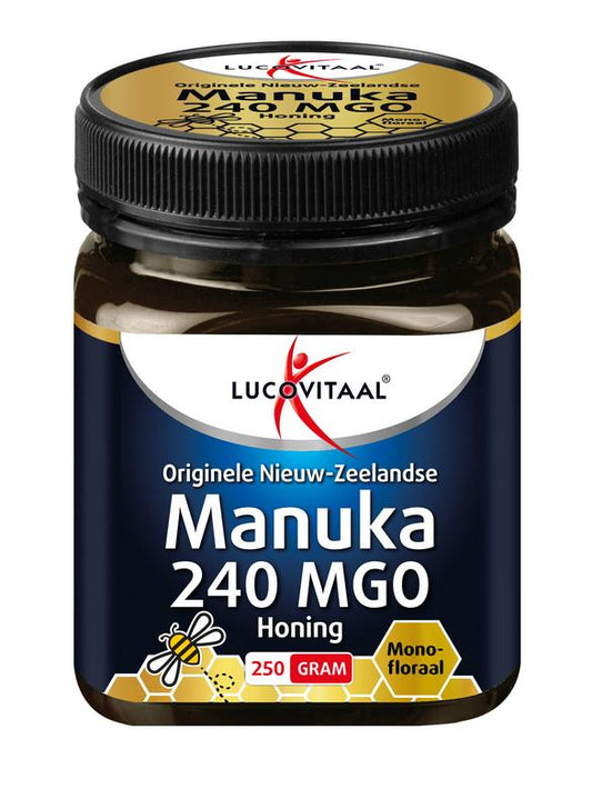 Jar of Lucovitaal Manuka honey with 240 MGO, 250 grams, showing the honey inside and the label on the container.