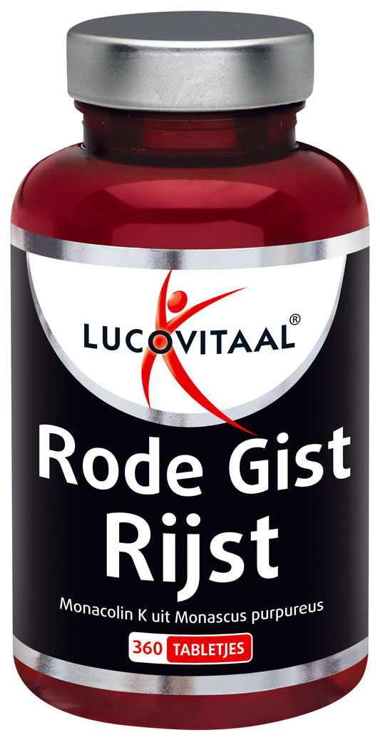 Lucovitaal rode gist rijst tabletten in een pot, kruidenpreparaat voor ondersteuning van cholesterolniveaus.