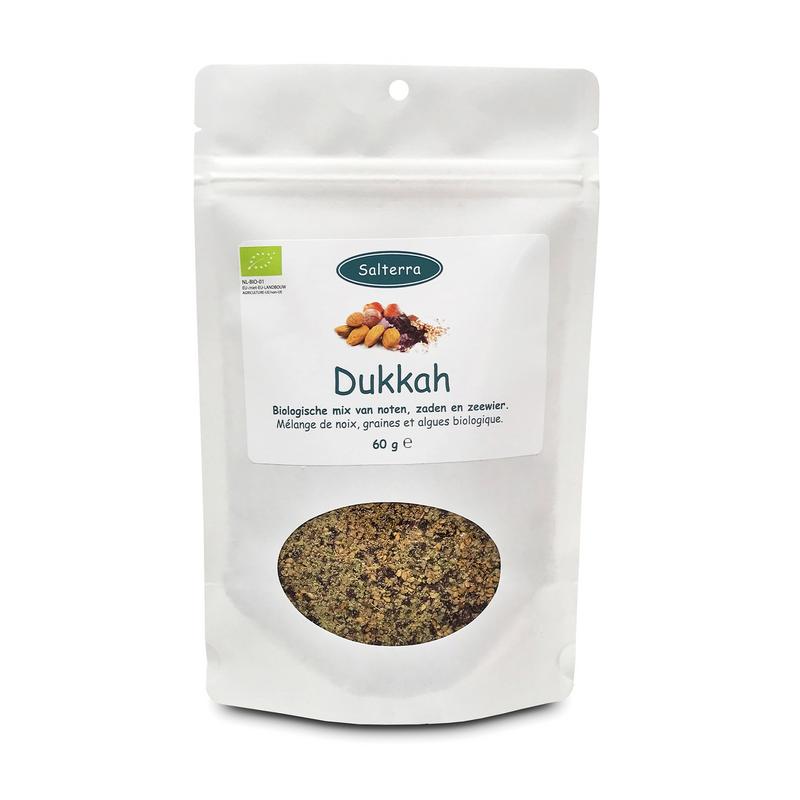 Salterra Dukkah with seaweed and cumin in a 60g jar, featuring a blend of herbs, spices, and salt for flavorful dishes.