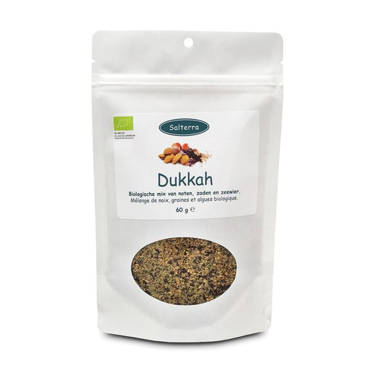 Salterra Dukkah with seaweed and cumin in a 60g jar, featuring a blend of herbs, spices, and salt for flavorful dishes.