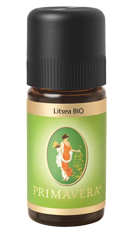Primavera Bio Litsea essential oil bottle, 10ml, with amber glass container and white cap, on a white background.
