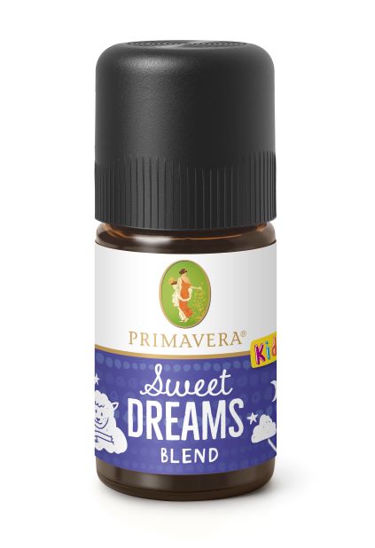Primavera Sweet Dreams Blend Bio essential oil in 5ml bottle, featuring a clear glass container with a white cap and label.