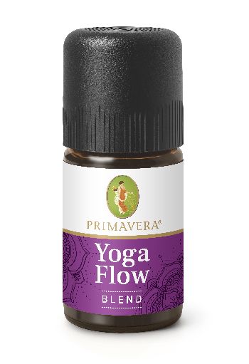 Primavera Yogaflow blend essential oil in a 5ml glass bottle, with a white cap and label, on a white background.