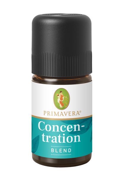 Primavera Concentration blend essential oil in 5ml bottle, featuring a dark glass container and white label with product details.