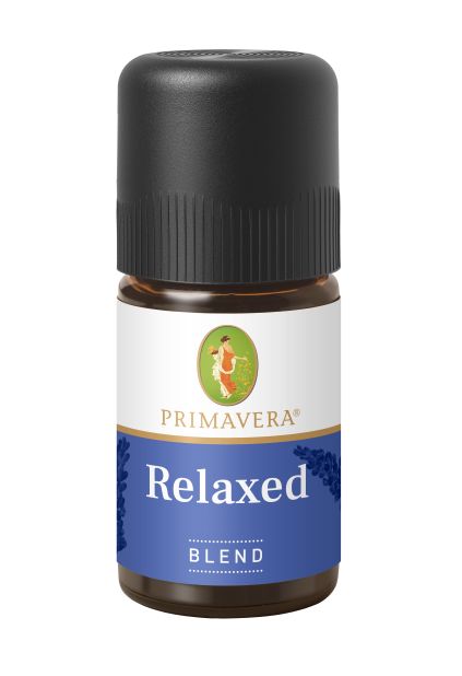 Primavera Relaxed Blend organic essential oil in a 5ml bottle with dropper, showing the amber glass and label.
