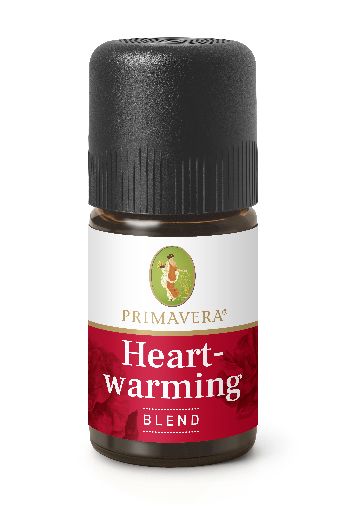 Primavera Heartwarming blend essential oil in a 5ml bottle, showcasing the amber glass and label from the product image.