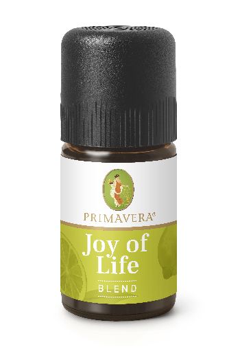 Primavera Joy of Life essential oil blend in 5ml bottle, showcasing the colorful label and packaging of Primavera's aromatic blend.