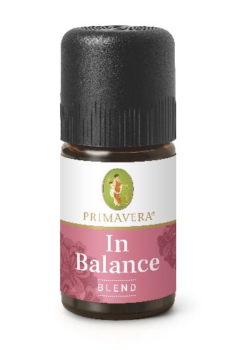 Primavera Balance Blend essential oil bottle, 5ml, featuring a clear glass container with a white cap and colorful label.