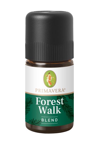 Primavera Forest Walk blend organic essential oil in 5ml bottle, showcasing natural, green herbal and forest-inspired aroma.