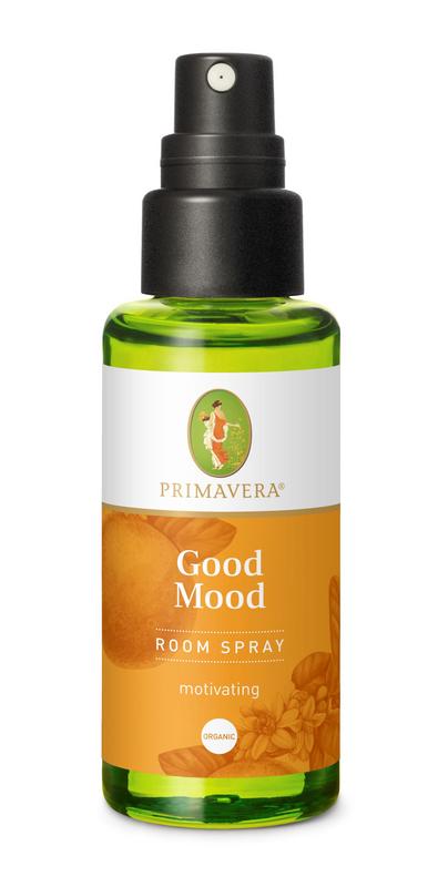 Primavera Roomspray Good Mood scent in 50ml bottle, a natural Geurverspreider for freshening indoor spaces.
