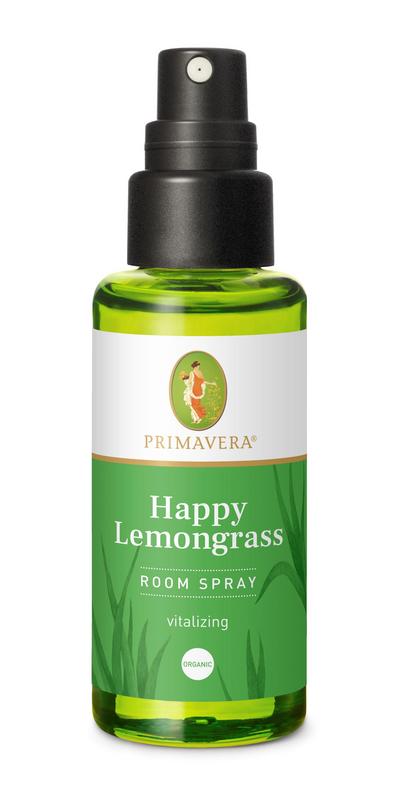 Primavera Happy Lemongrass Roomspray geurverspreider bottle with floral design, 50ml, for fresh citrus scent in home.