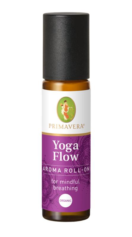 Primavera Aroma roll-on Yogaflow bio essential oil in 10ml bottle, featuring natural herbal infusion for aromatherapy use.
