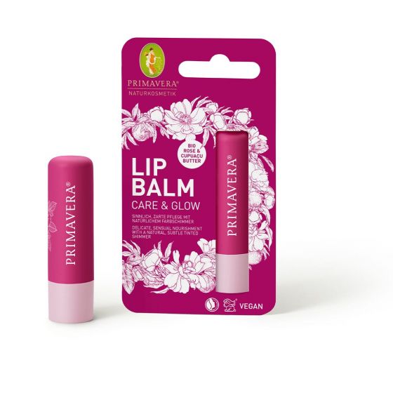 Primavera Lipbalm Care & Glow bio in 4.70g, natural lip moisturizing balm with a sleek tube design.