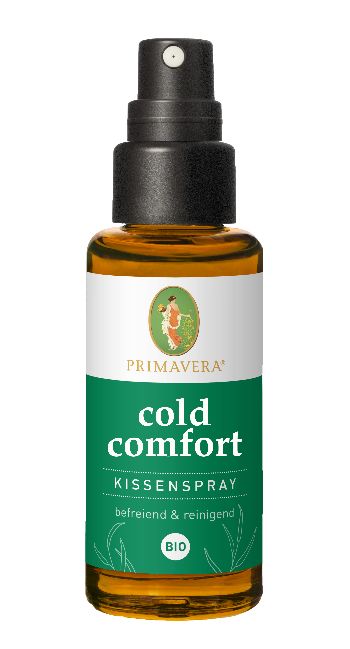 Primavera Cold Comfort Pillow Mist bio 30ml, a natural aromatherapy spray for relaxing scents in a small bottle.